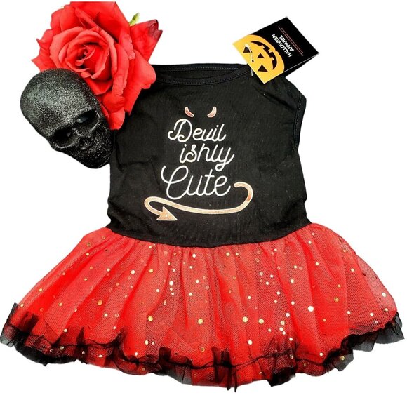 Devilishly Cute Dog Dress Halloween Costume Tutu Devil Medium Red Black Sequins - Picture 2 of 7